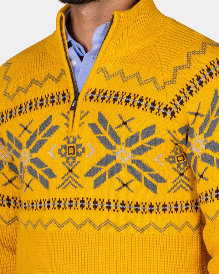 Men Knitwear NZA New Zealand Auckland Ochre Yellow HalfZip Pullover With Colored Pattern 8211 Warm Ocre
