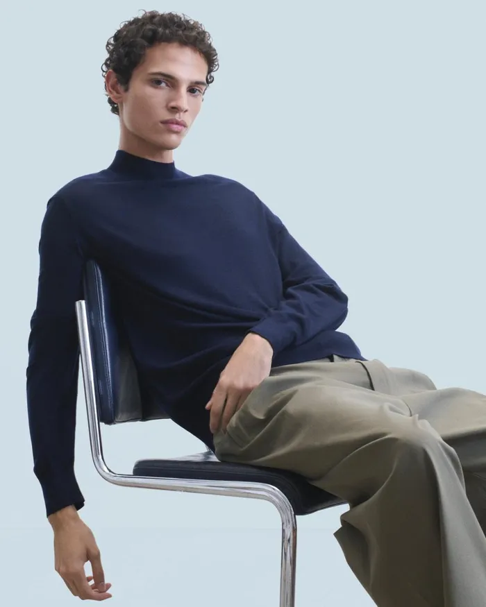 Men Merino Wool Sweaters From Future Mock Neck Sweater Navy