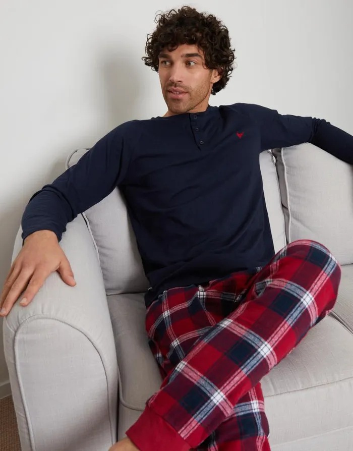 Men Navy and Red Check Pyjama Long Top and Bottoms 2Piece Set Threadbare Pyjamas