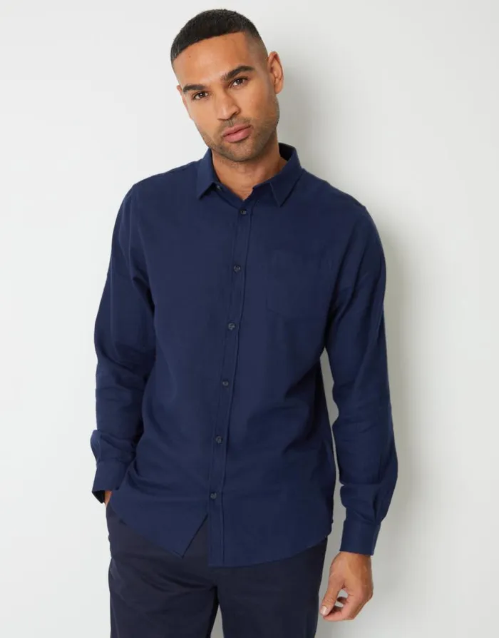Men Navy Brushed Flannel Long Sleeve Shirt Threadbare Shirts