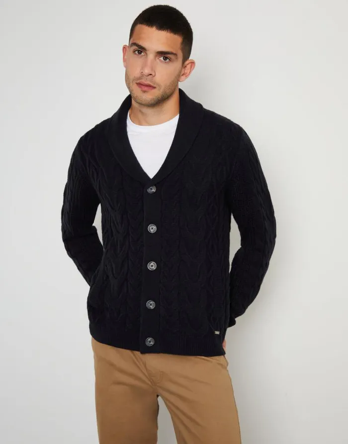 Men Navy Cable Knit Shawl Cardigan Threadbare Cardigans