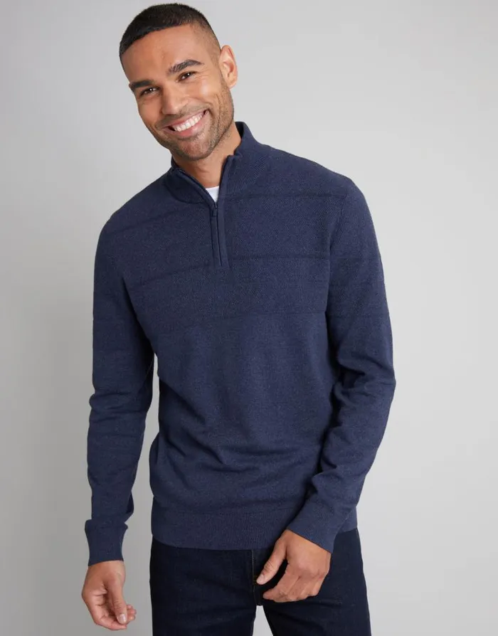 Men Navy Marl Textured Stripe Detail Quarter Zip Jumper Threadbare Jumpers
