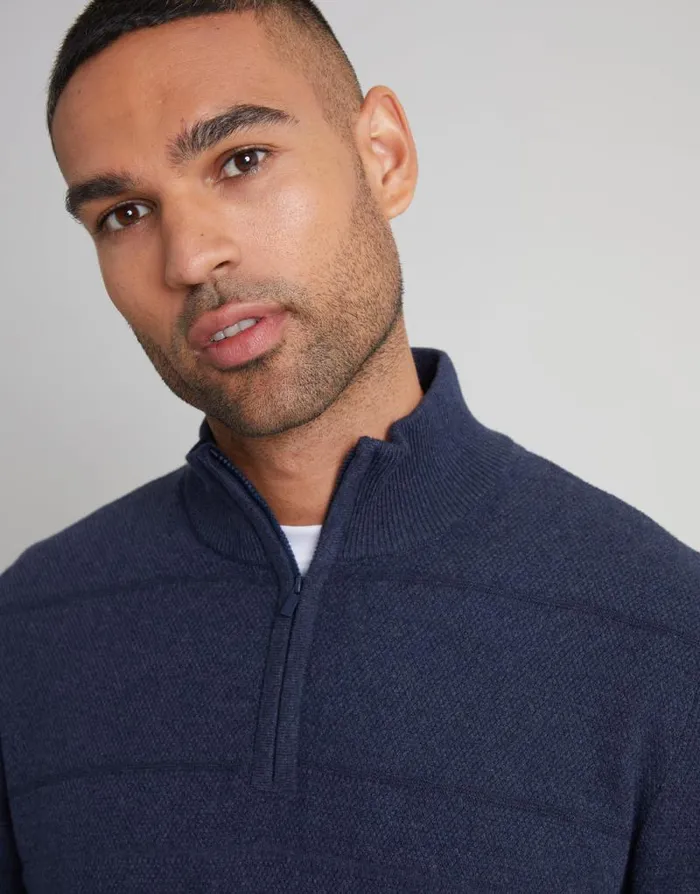 Men Navy Marl Textured Stripe Detail Quarter Zip Jumper Threadbare Jumpers Men Navy Marl Textured Stripe Detail Quarter Zip Jumper Threadbare Jumpers