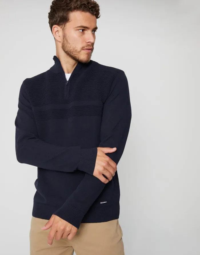 Men Navy Rib Detail Knitted Quarter Zip Jumper Threadbare Jumpers