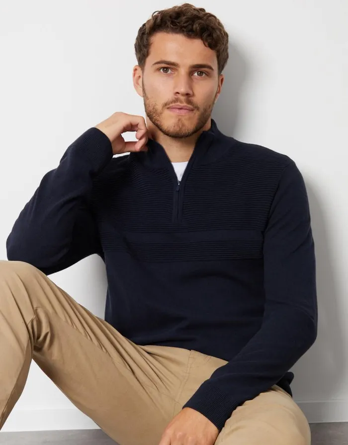 Men Navy Rib Detail Knitted Quarter Zip Jumper Threadbare Jumpers Men Navy Rib Detail Knitted Quarter Zip Jumper Threadbare Jumpers