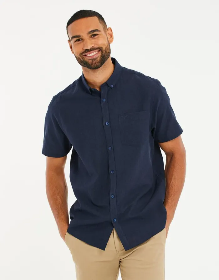 Men Navy Short Sleeve Linen Blend Shirt Threadbare Shirts