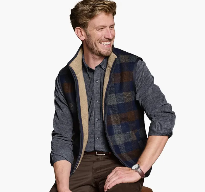 Men Plaid SherpaLined Vest Navy Multi JohnstonandMurphy Coats Jackets and Vests Men Plaid SherpaLined Vest Navy Multi JohnstonandMurphy Coats Jackets and Vests