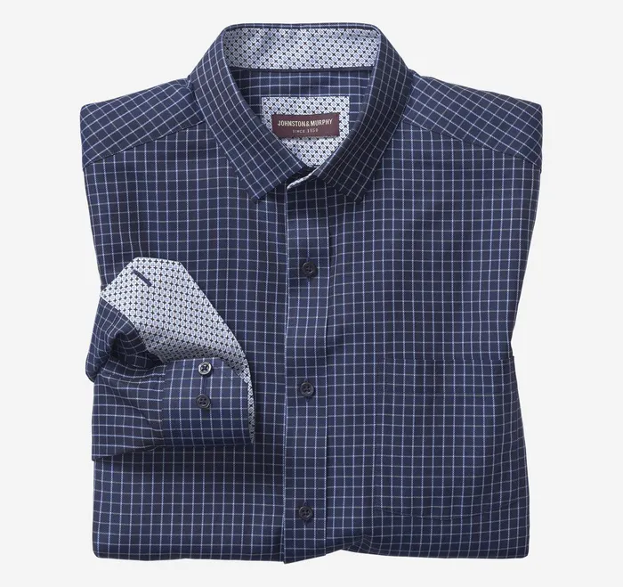 Men Premium Cotton Shirts Navy Twill Windowpane JohnstonandMurphy Shirts