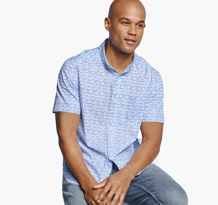 Men Printed Cotton ShortSleeve Shirt Whiteblue Shadow Shark JohnstonandMurphy ShortSleeve Shirts