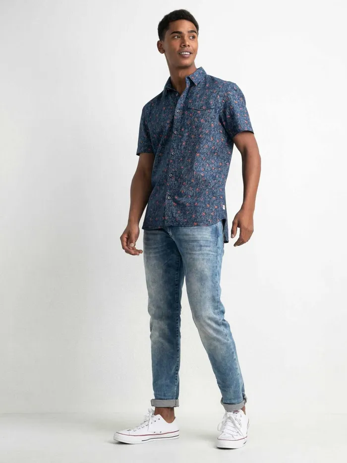 Men Shirts Petrol Industries ShortSleeved Shirt With AllOver Print Petrol Blue