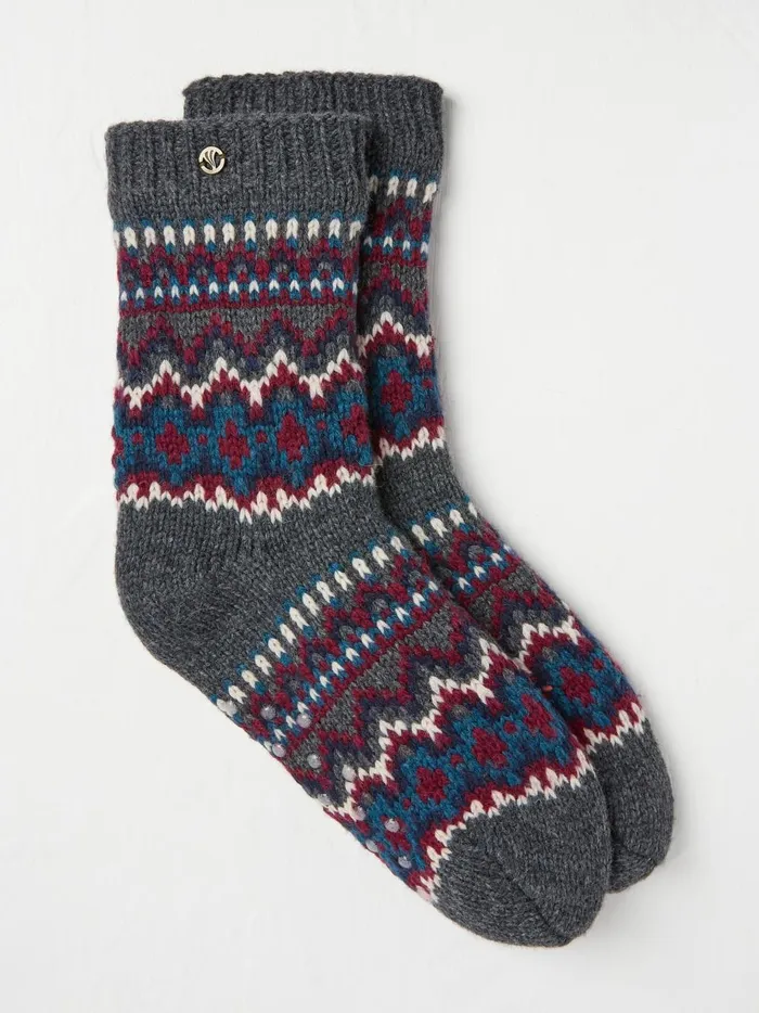 Men Socks Fat Face Grey Fair Isle Pattern Bedsocks