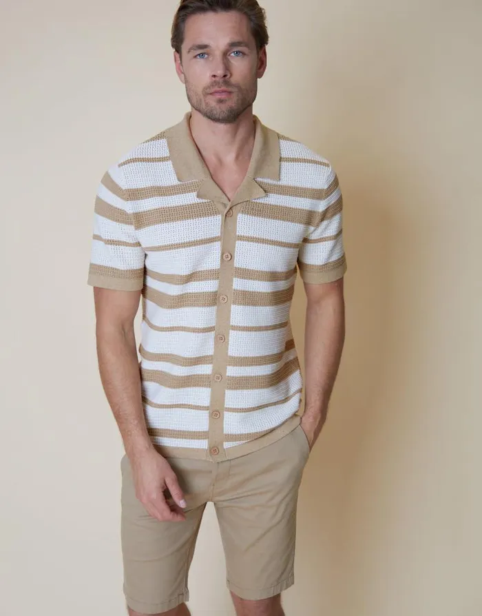 Men Stone and Ecru Revere Collar Crochet Knit Shirt Threadbare Shirts Men Stone and Ecru Revere Collar Crochet Knit Shirt Threadbare Shirts