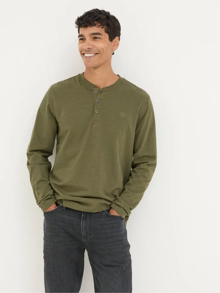 Men TShirts Fat Face Woodside Khaki Green Long Sleeve Henley T Shirt