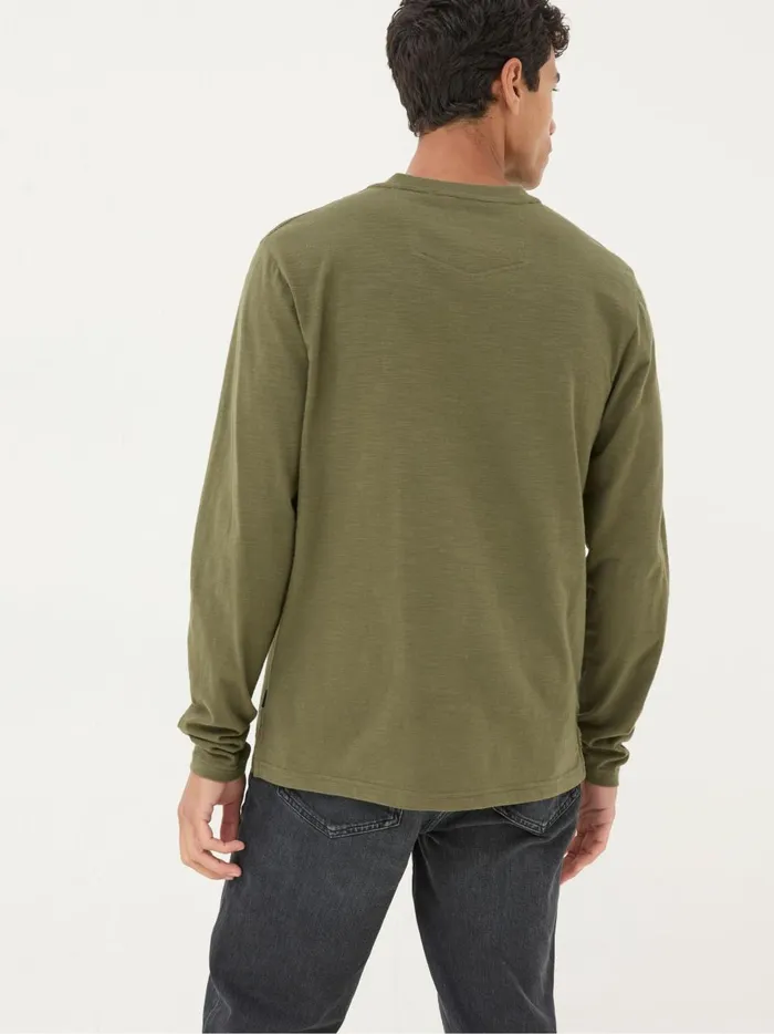 Men TShirts Fat Face Woodside Khaki Green Long Sleeve Henley T Shirt
