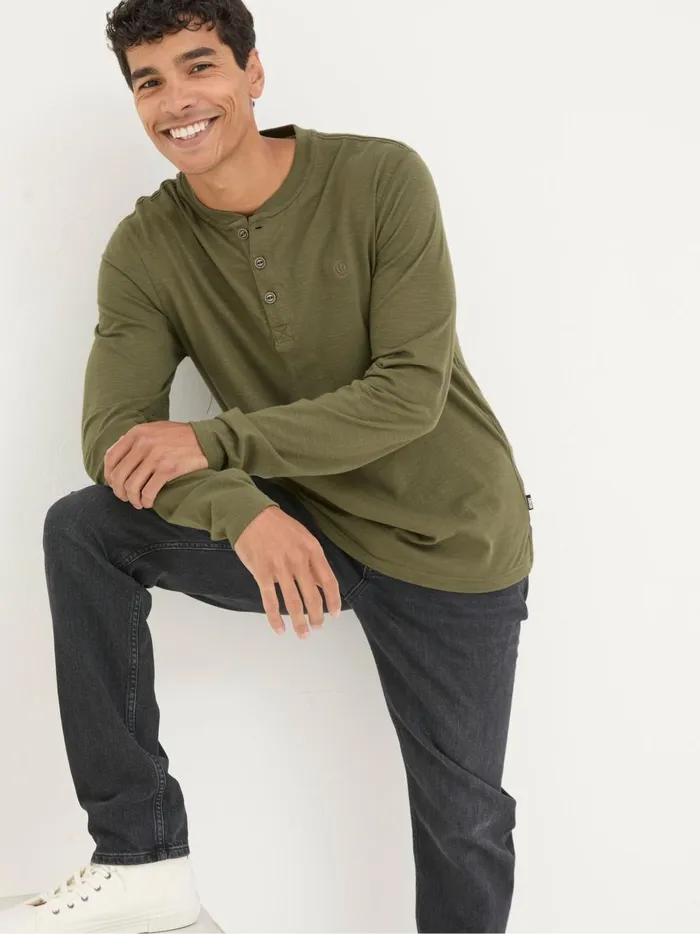 Men TShirts Fat Face Woodside Khaki Green Long Sleeve Henley T Shirt