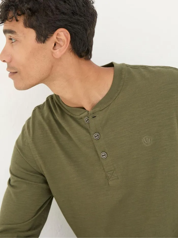 Men TShirts Fat Face Woodside Khaki Green Long Sleeve Henley T Shirt