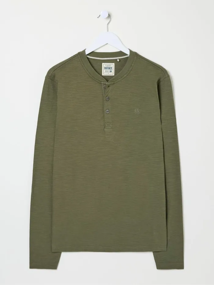 Men TShirts Fat Face Woodside Khaki Green Long Sleeve Henley T Shirt