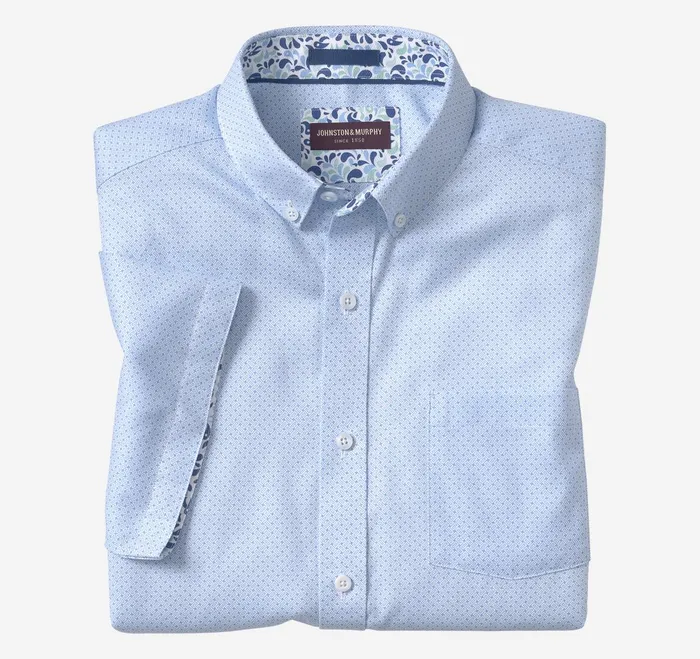 Men Textured Cotton ShortSleeve Shirt Blue Linked Bar JohnstonandMurphy ShortSleeve Shirts Men Textured Cotton ShortSleeve Shirt Blue Linked Bar JohnstonandMurphy ShortSleeve Shirts