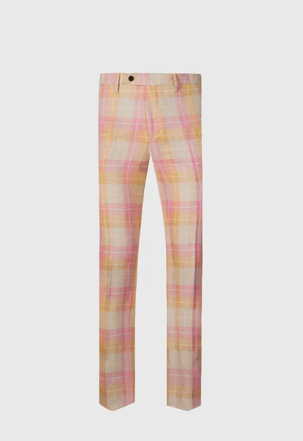 Mens Linen and Cotton Plaid Trousers Coral Dress Pants Paulstuart