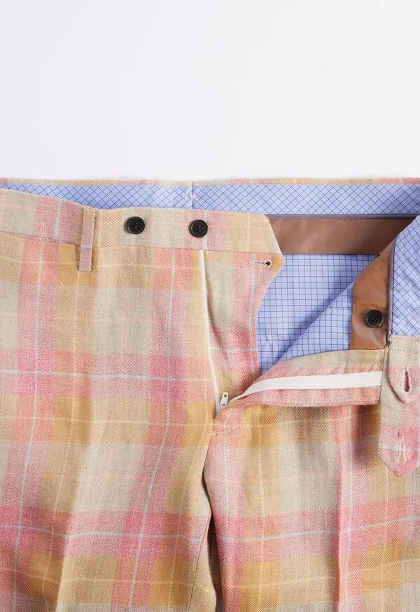 Mens Linen and Cotton Plaid Trousers Coral Dress Pants Paulstuart Mens Linen and Cotton Plaid Trousers Coral Dress Pants Paulstuart