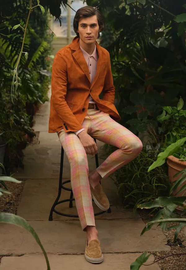 Mens Linen and Cotton Plaid Trousers Coral Dress Pants Paulstuart Mens Linen and Cotton Plaid Trousers Coral Dress Pants Paulstuart