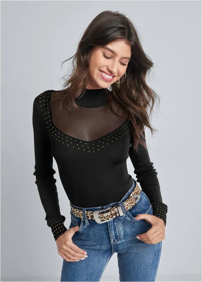 MESH INSET SWEATER Black Women VENUS Sexy Sweaters