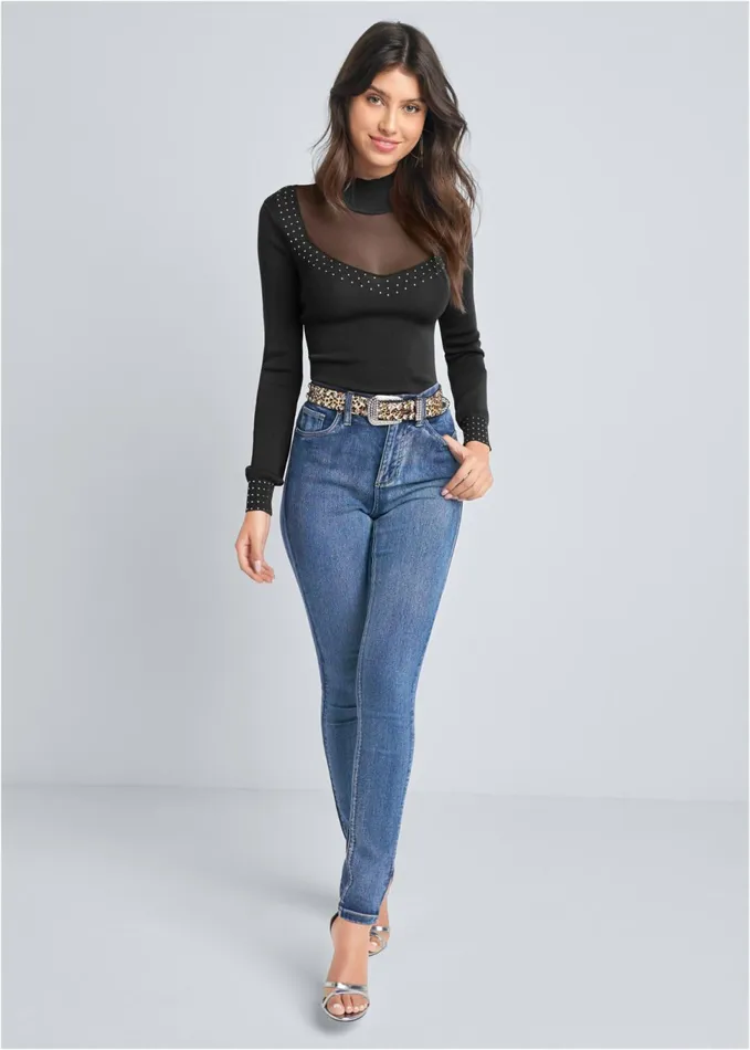MESH INSET SWEATER Black Women VENUS Sexy Sweaters