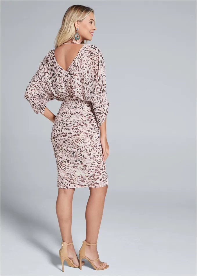 MESH RUCHED ANIMAL DRESS Blush Multi Women VENUS Midi Dresses MESH RUCHED ANIMAL DRESS Blush Multi Women VENUS Midi Dresses
