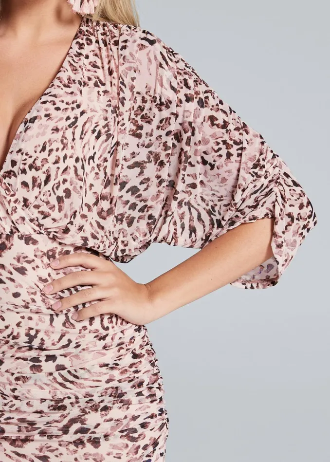 MESH RUCHED ANIMAL DRESS Blush Multi Women VENUS Midi Dresses MESH RUCHED ANIMAL DRESS Blush Multi Women VENUS Midi Dresses
