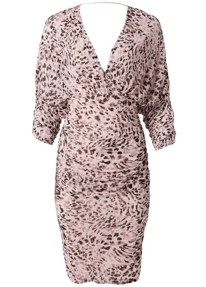 MESH RUCHED ANIMAL DRESS Blush Multi Women VENUS Midi Dresses MESH RUCHED ANIMAL DRESS Blush Multi Women VENUS Midi Dresses