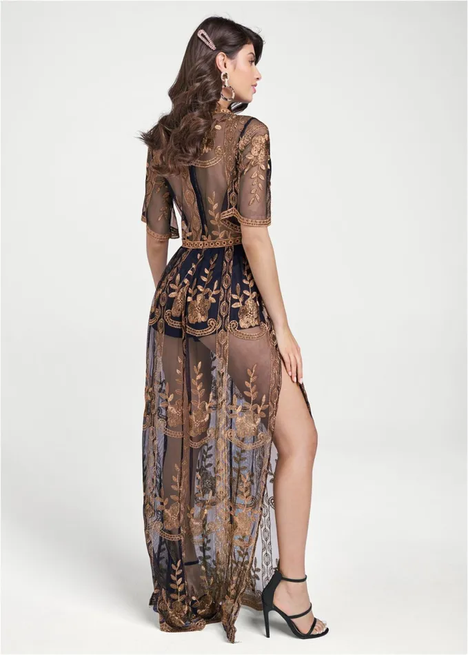 METALLIC EMBROIDERED ROMPER Black and Gold Women VENUS Rompers