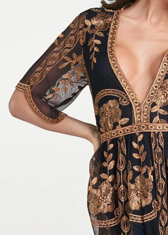 METALLIC EMBROIDERED ROMPER Black and Gold Women VENUS Rompers