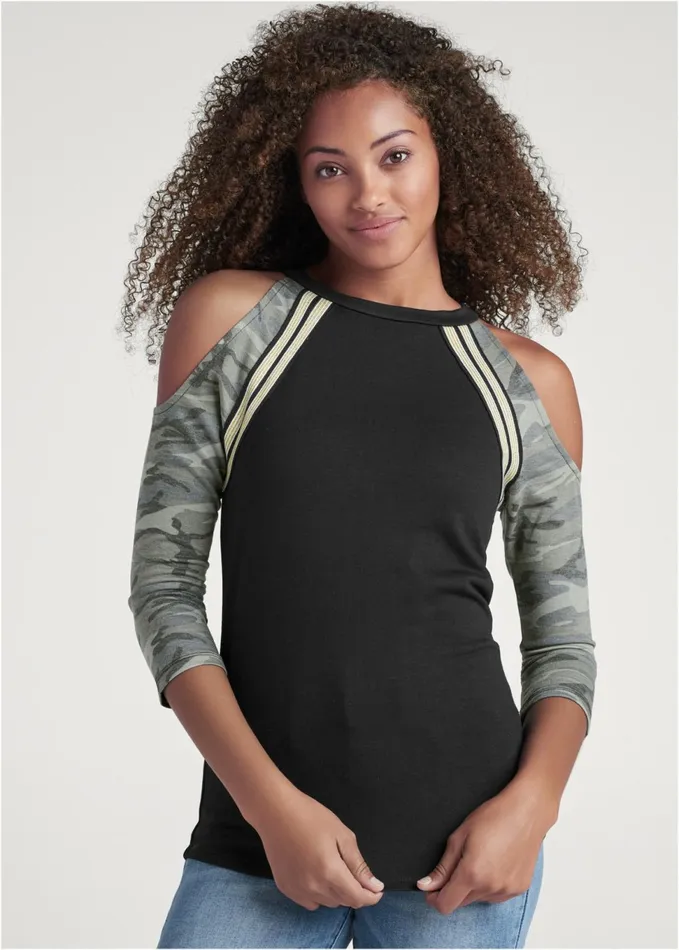 METALLIC STRIPED CAMO TOP Black Multi Women VENUS Tops