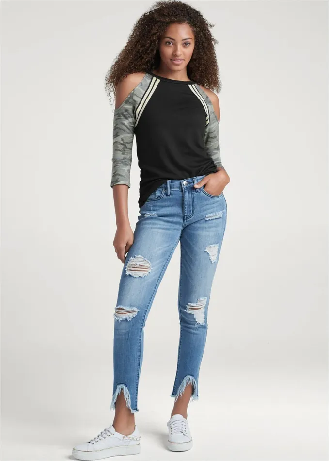METALLIC STRIPED CAMO TOP Black Multi Women VENUS Tops METALLIC STRIPED CAMO TOP Black Multi Women VENUS Tops