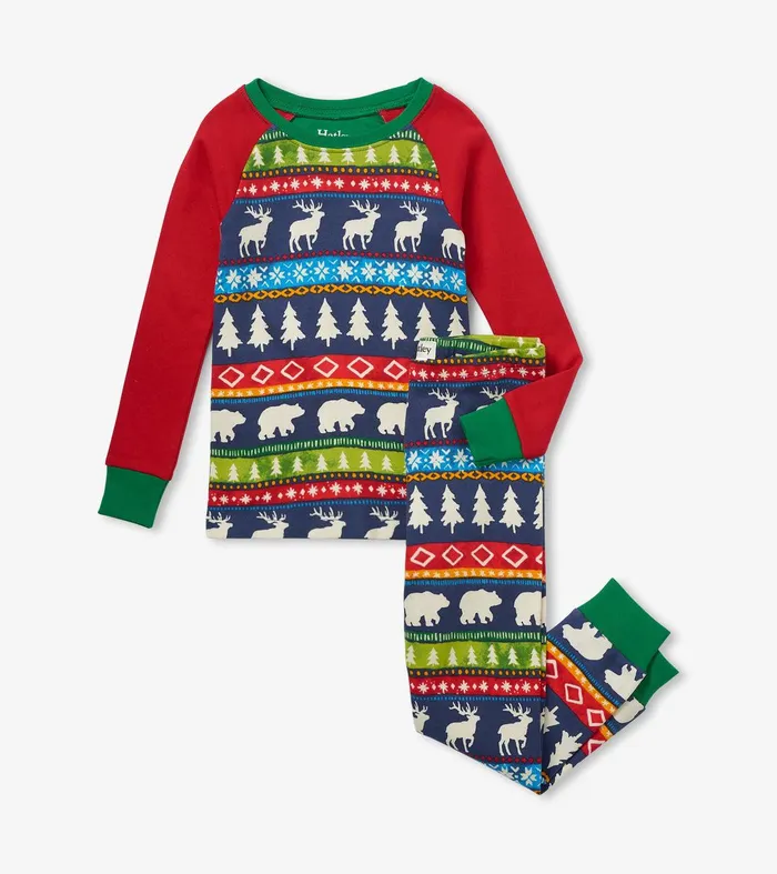 Navy Painted Fairisle Raglan Kids Organic Cotton Pajama Set Hatley