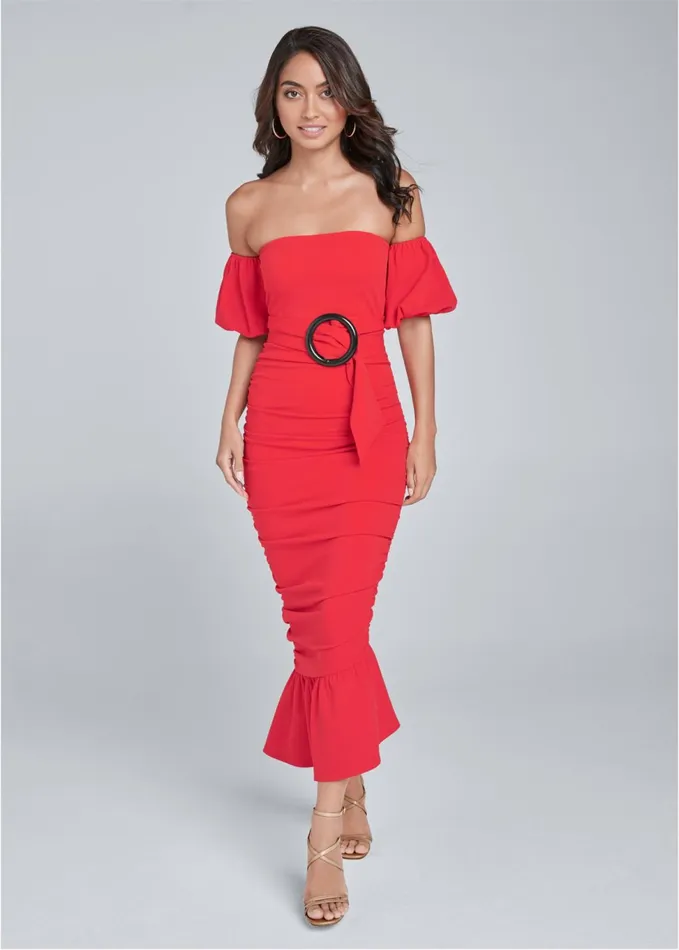 OffShoulder Ruched Dress Red Women VENUS Midi Dresses