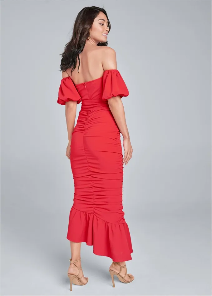 OffShoulder Ruched Dress Red Women VENUS Midi Dresses