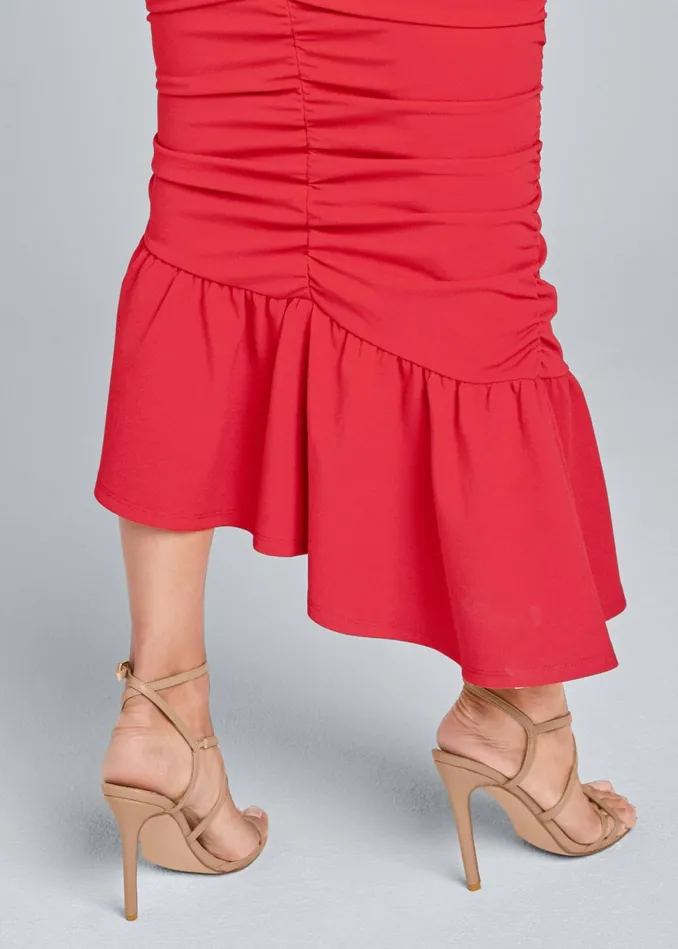 OffShoulder Ruched Dress Red Women VENUS Midi Dresses