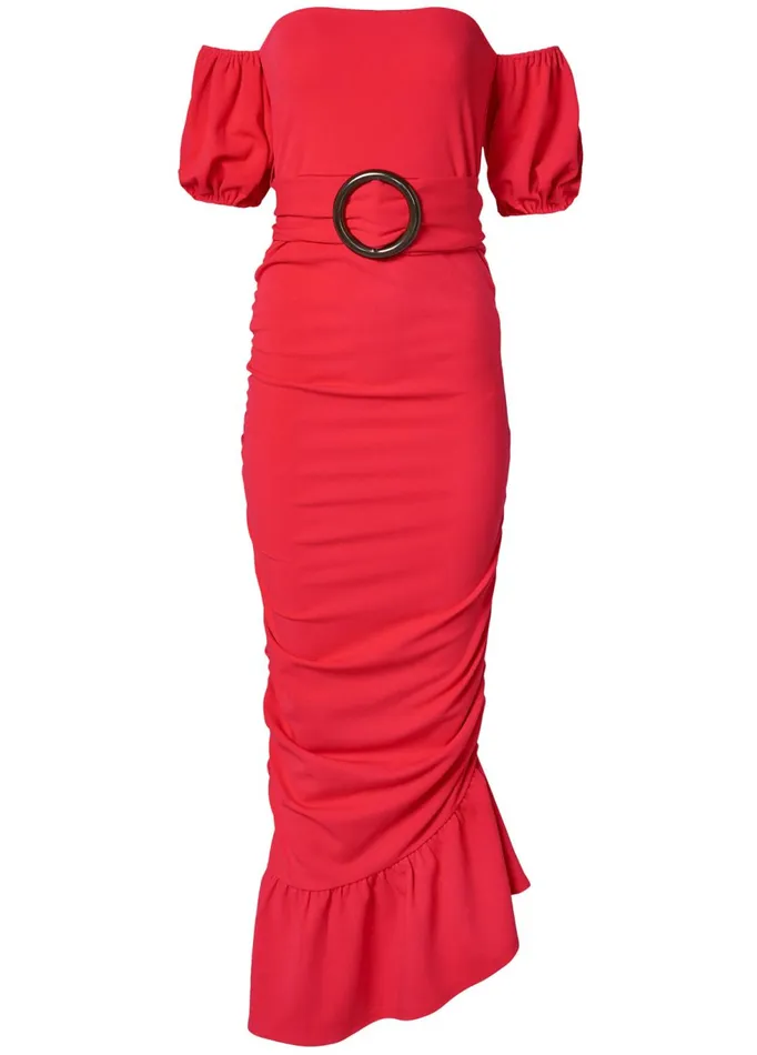 OffShoulder Ruched Dress Red Women VENUS Midi Dresses