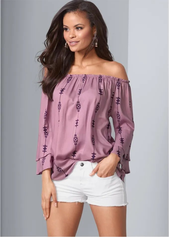 OffTheShoulder Print Top Purple Multi Women VENUS Casual Tops