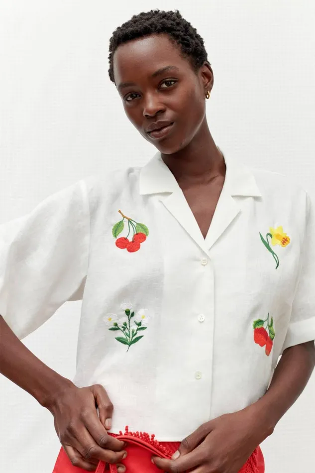 Oroton Embroidered Flower Camp Shirt Antique White Women Tops