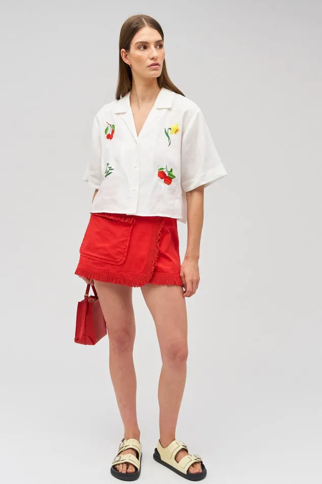 Oroton Embroidered Flower Camp Shirt Antique White Women Tops Oroton Embroidered Flower Camp Shirt Antique White Women Tops