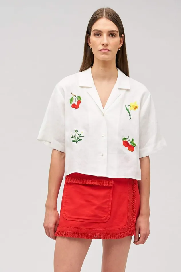 Oroton Embroidered Flower Camp Shirt Antique White Women Tops Oroton Embroidered Flower Camp Shirt Antique White Women Tops