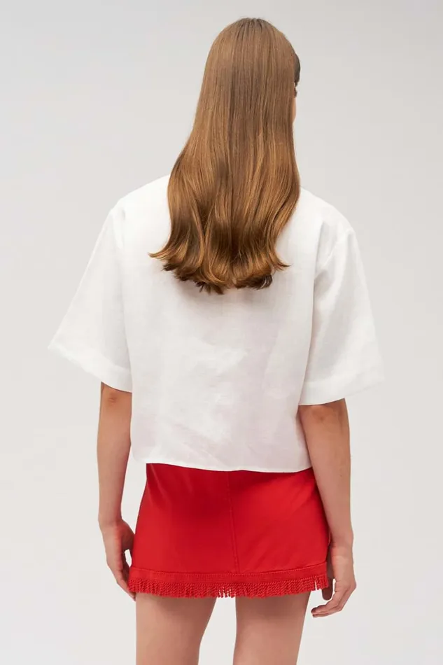 Oroton Embroidered Flower Camp Shirt Antique White Women Tops Oroton Embroidered Flower Camp Shirt Antique White Women Tops