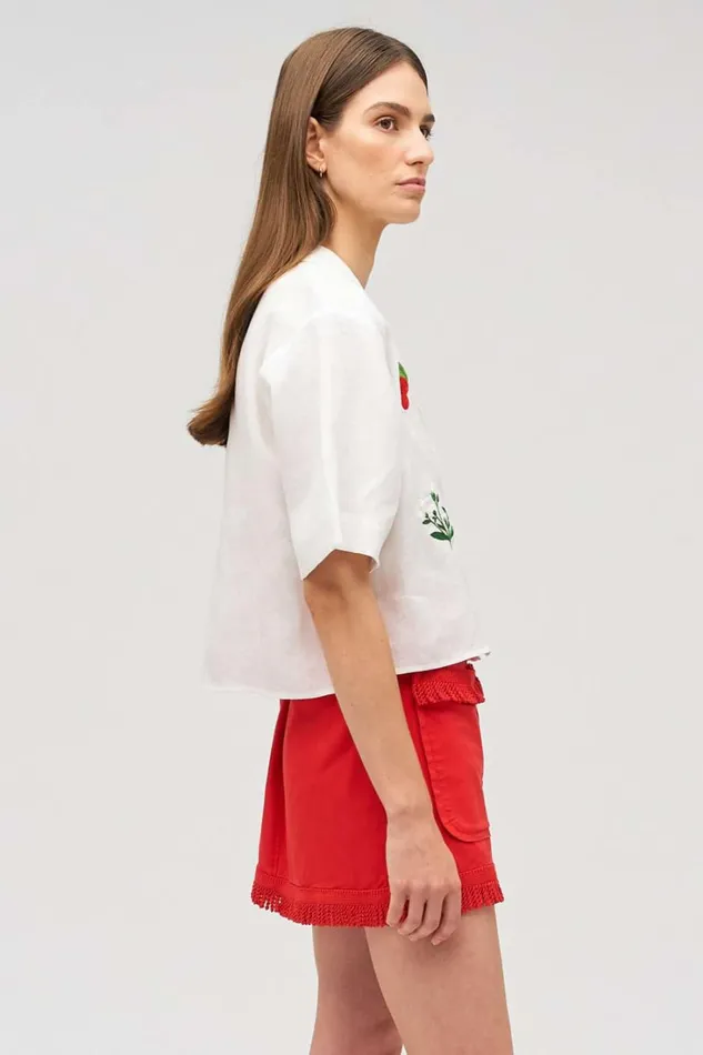 Oroton Embroidered Flower Camp Shirt Antique White Women Tops Oroton Embroidered Flower Camp Shirt Antique White Women Tops