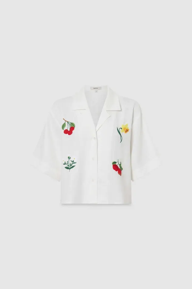 Oroton Embroidered Flower Camp Shirt Antique White Women Tops Oroton Embroidered Flower Camp Shirt Antique White Women Tops