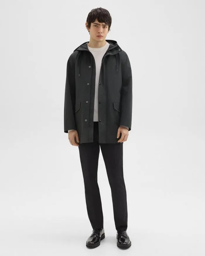 Outerwear Men Theory Hooded Raincoat In Poplin Black