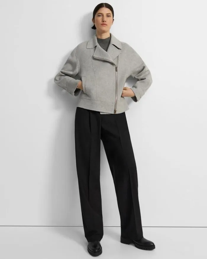 Outerwear Women Theory Oversized Moto Jacket In DoubleFace WoolCashmere Melange Grey