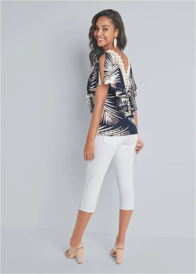 PALM PRINT RUFFLE TOP Navy Multi Women VENUS Casual Tops