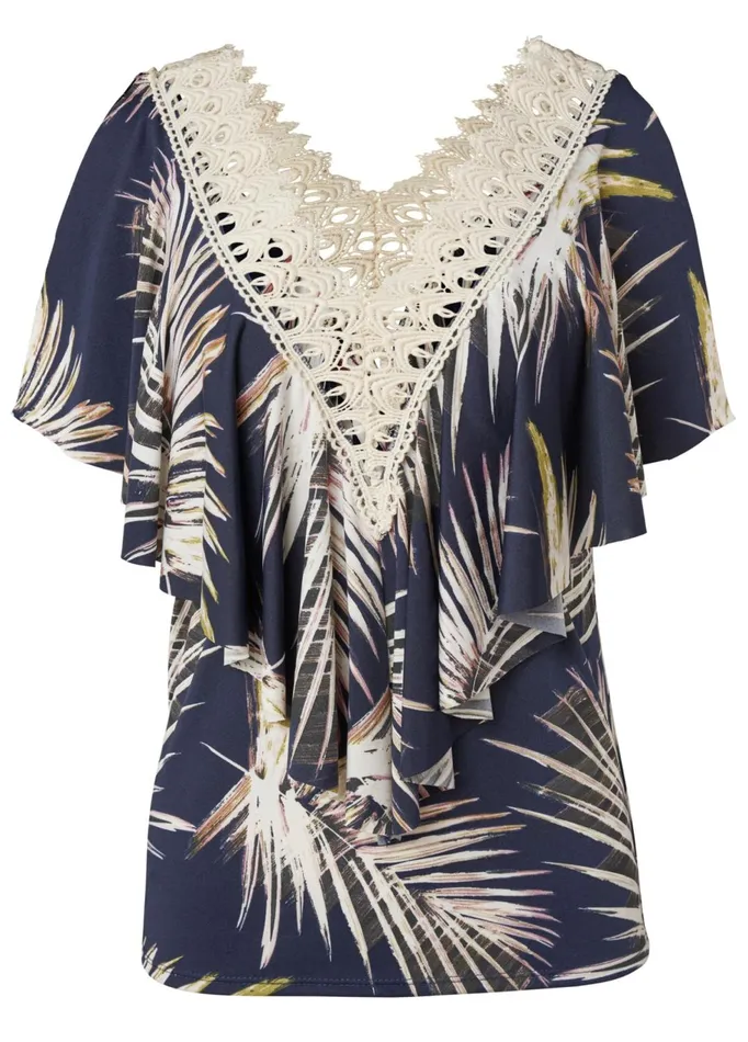PALM PRINT RUFFLE TOP Navy Multi Women VENUS Casual Tops